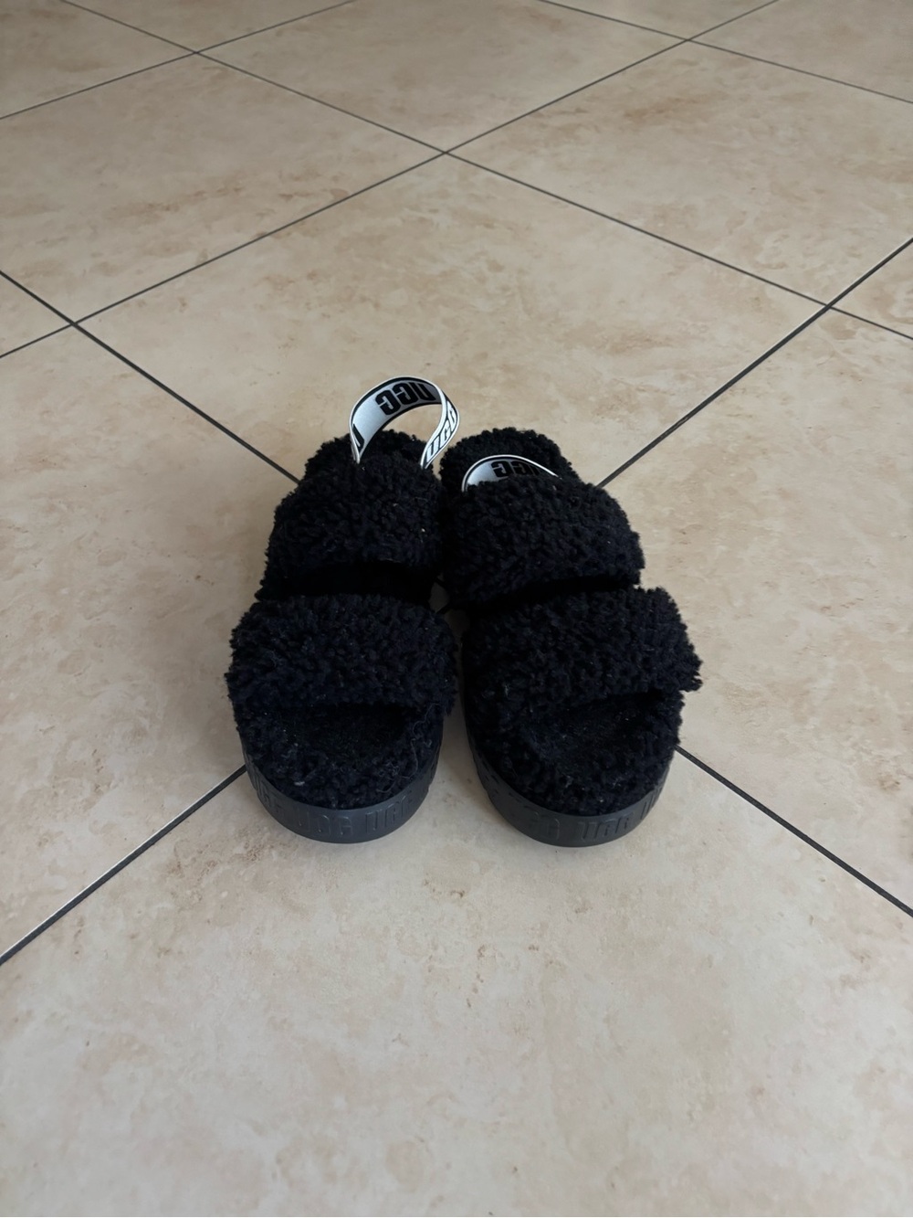 UGG Black Fuzzy Slide with Logo Strap